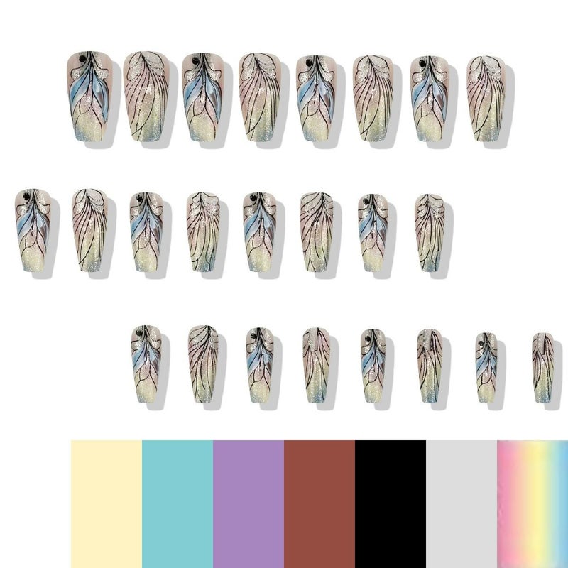 juggssa Press on Nails Medium Coffin Fake Nails Rainbow Glitter Acrylic Ballet Nails Rainbow Gradient Acrylic Full Cover Reusable False Nails with Jelly Glue Stick on Nails Glue on Nails for Women 24PCS - Image 2